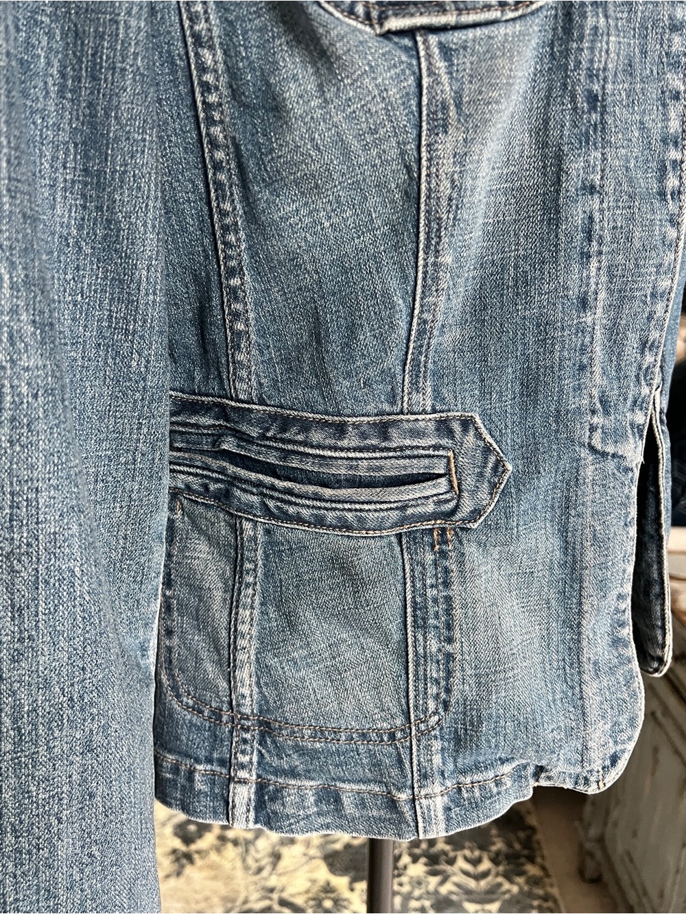 Washed Blue Denim Jacket with Bead-Trim Stand Collar - Picture 11 of 15